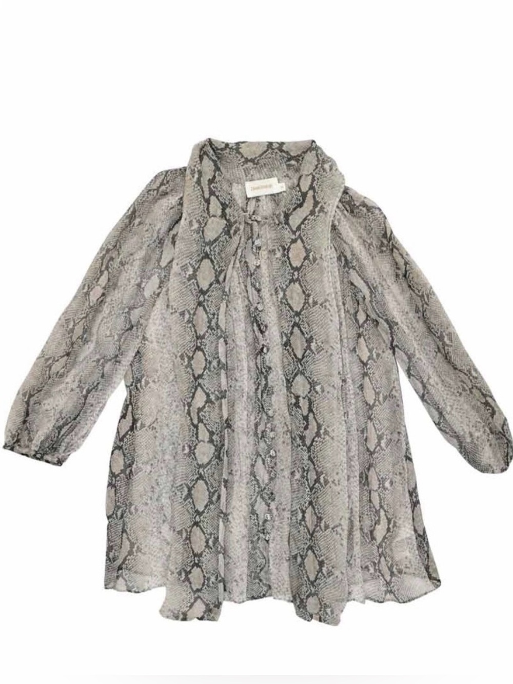 ZIMMERMANN 100% silk blouse black grey animal snake print neck tie ruffles SZ 1